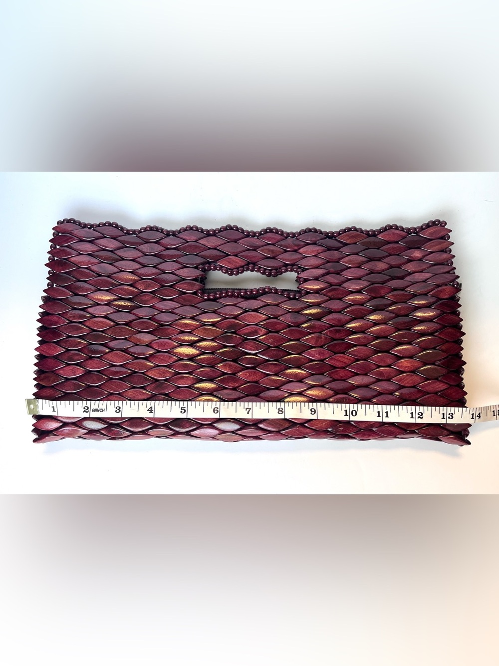 Vivian Bowles Handmade Wooden Scale Clutch Purse Lined Interior Maroon Burgundy - Picture 7 of 8